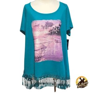 ✨️NWT✨️ STYLE & COMPANY - 2X Teal Graphic Fringe Top